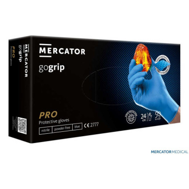 RĘKAWICE NITRYLOWE MERCATOR MEDICAL RMM-PGRIPGO ODPORNE NA CHEMIKALIA BEZPUDROWE OP. 50 SZT. NIEBIESKIE