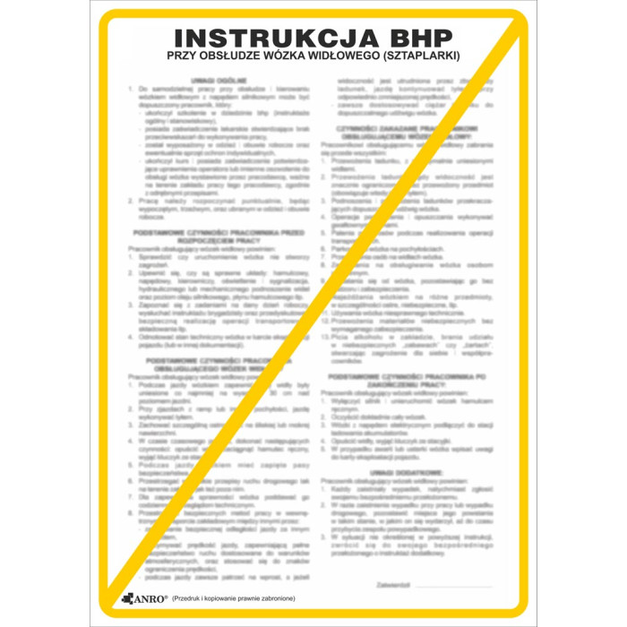 ZNAK, INSTRUKCJA "BHP PRZY OBSŁUDZE WÓZKA WIDŁOWEGO (SZTAPLARKI) 250X300 MM