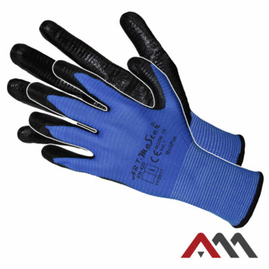 RĘKAWICE ROBOCZE ARTMAS RNITPAS KAT.1 PRĄŻKOWANE POWLEKANE NITRYLEM Z DZIANINY POLIESTROWEJ NIEBIESKIE