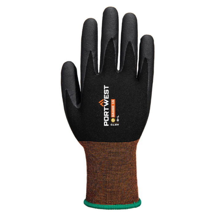 RĘKAWICZKI ROBOCZE A370, PORTWEST GP GRIP 15 NITRILLE, POWLEKANE NITRYLEM , CZARNE