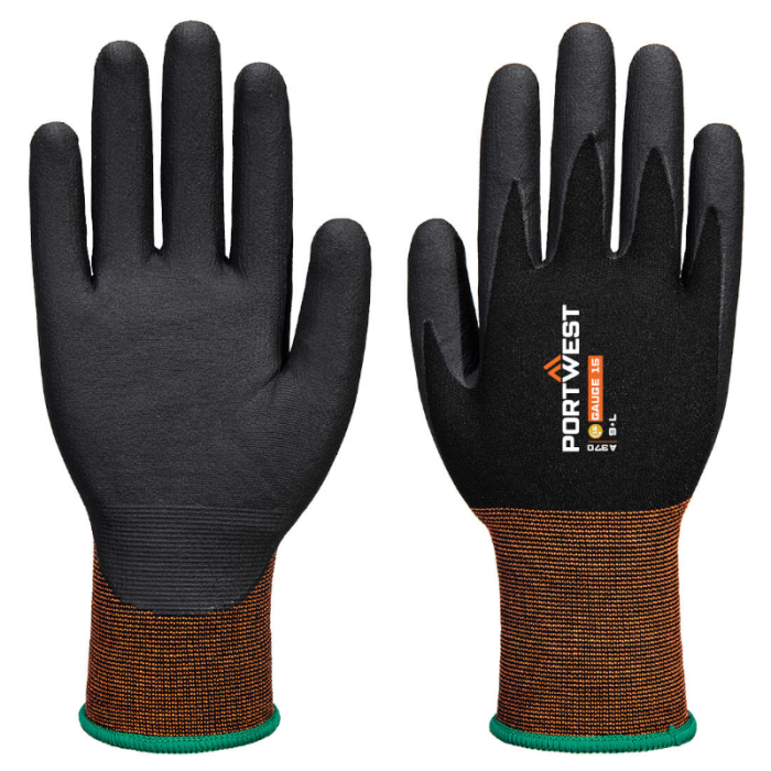 RĘKAWICZKI ROBOCZE A370, PORTWEST GP GRIP 15 NITRILLE, POWLEKANE NITRYLEM , CZARNE