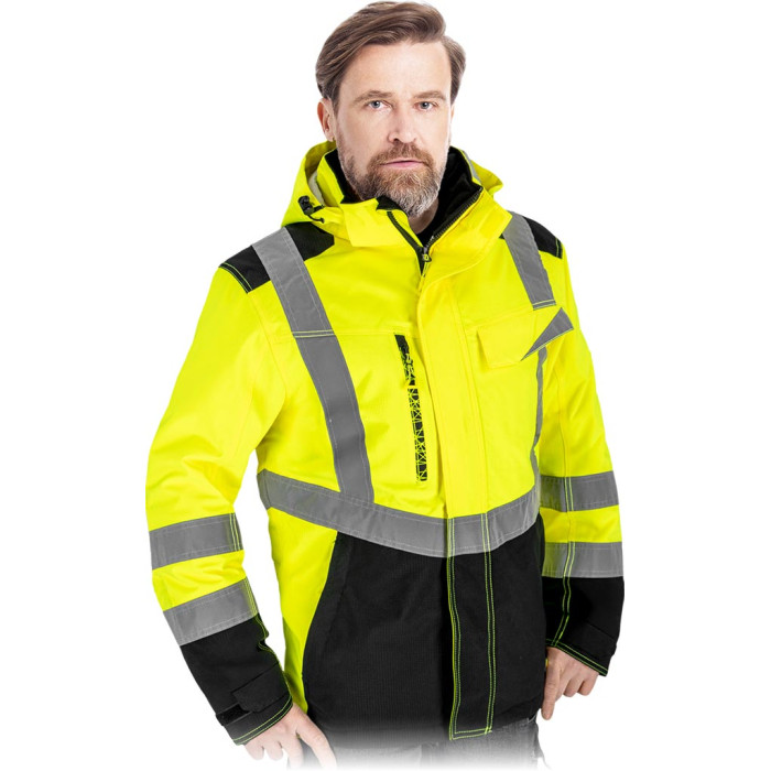 MĘSKA KURTKA OCHRONNA RIP-STOP OCIEPLANA STRETCH FLUO Z KAPTUREM I ODBLASKAMI REGULAR