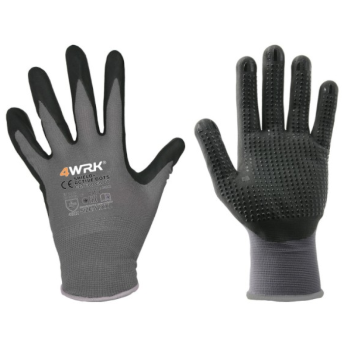 RĘKAWICE ROBOCZE 4WRK SHIELD+ACTIVE DOTS, NITRYLOWE, Z NAKROPIENIEM, SZARO CZARNE
