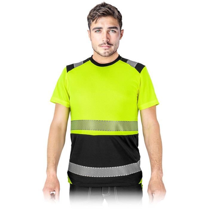 MĘSKI T-SHIRT OSTRZEGAWCZY Z SIATECZKI – FLUORESCENCYJNY, ODBLASKOWY, 130 G/M