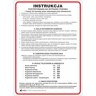 INSTRUKCJA PPOŻ. INSTRUKCJA POSTĘPOWANIA NA WYPADEK POŻARU FORMAT L PCV 250x350 MM TABLICA INFORMACYJNA BHP