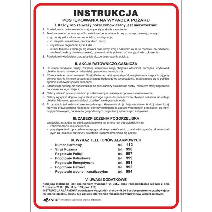 INSTRUKCJA PPOŻ. INSTRUKCJA POSTĘPOWANIA NA WYPADEK POŻARU FORMAT L PCV 250x350 MM TABLICA INFORMACYJNA BHP