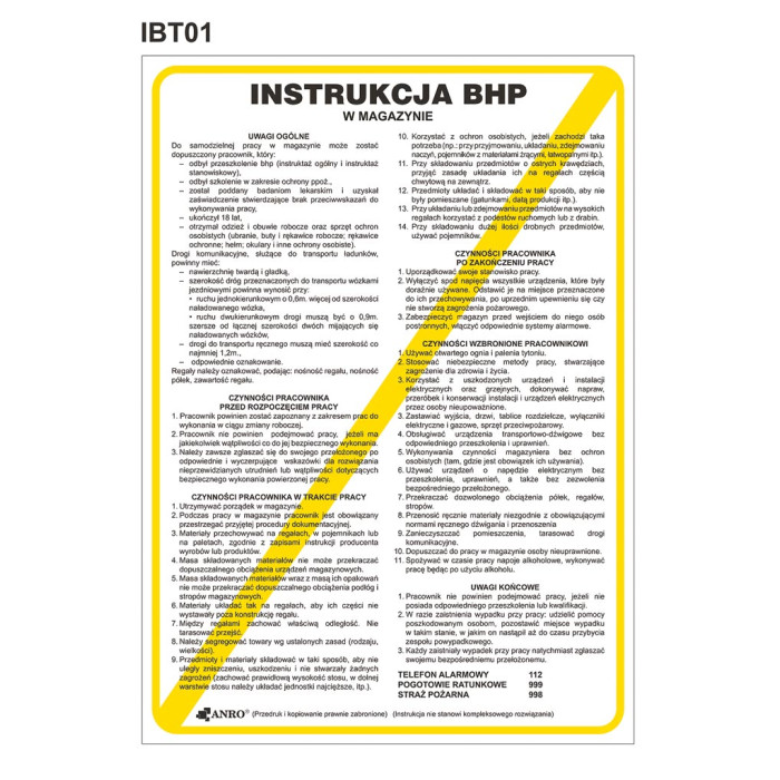 INSTRUKCJA BHP BEZPIECZEŃSTWA I HIGIENY PRACY W MAGAZYNACH 330X460 MM PCV ZNAK INFORMACYJNY