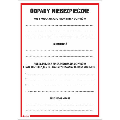 ETYKIETA INFORMACYJNA „ODPADY NIEBEZPIECZNE” 150x210 MM PCV LUB FOLIA