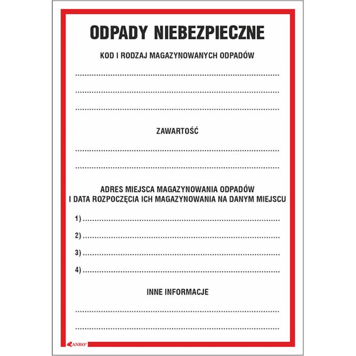 ETYKIETA INFORMACYJNA „ODPADY NIEBEZPIECZNE” 150x210 MM PCV LUB FOLIA
