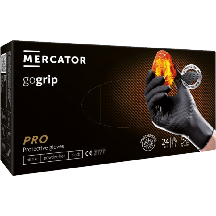 RĘKAWICE NITRYLOWE MERCATOR MEDICAL RMM-PGRIPGO ODPORNE NA CHEMIKALIA BEZPUDROWE OP. 50 SZT. CZARNE