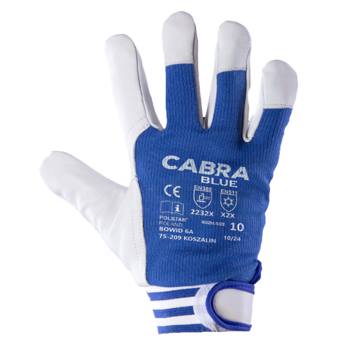RĘKAWICE ROBOCZE POLSTAR CABRA BLUE KAT. II RSCB ZE SKÓRY LICOWEJ KOZIEJ WZMACNIANE NIEBIESKO-BIAŁE