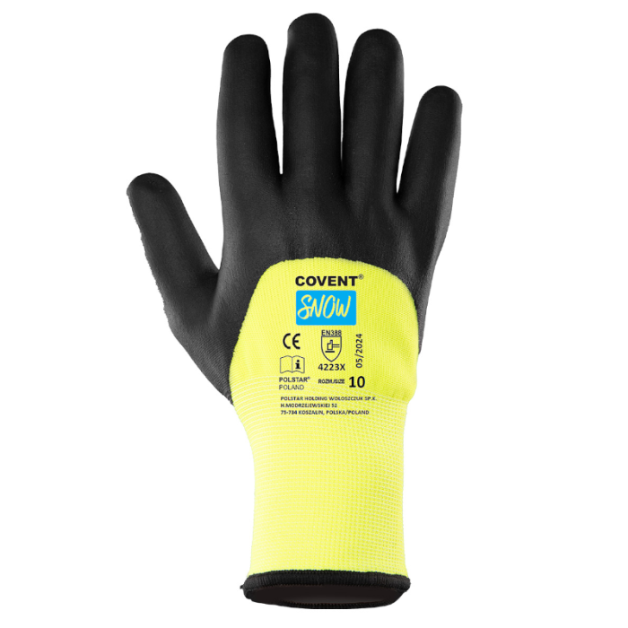 RĘKAWICE ROBOCZE OCIEPLANE POLSTAR COVENT SNOW RCSN Z DZIANINY POLIESTROWEJ POWLEKANE PIANKĄ NITRYLOWĄ ŻÓŁTO-CZARNE