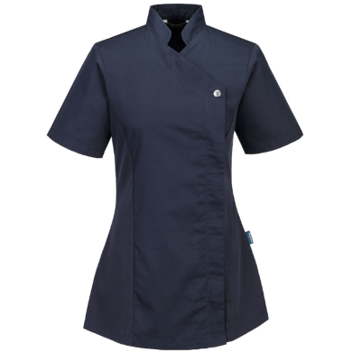 TUNIKA DAMSKA Z KRÓTKIM RĘKAWEM PORTWEST C824, ZATRZASKI, ZAMEK, GRANATOWA
