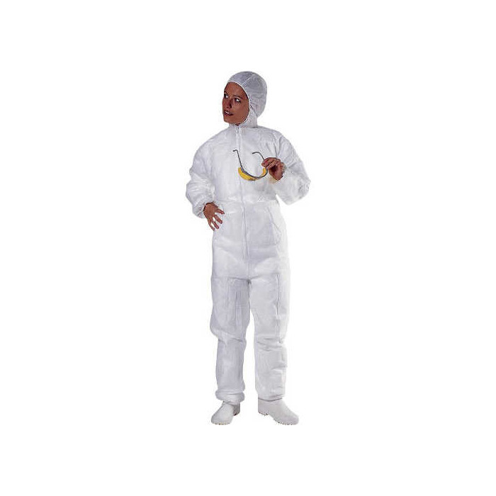 KOMBINEZON OCHRONNY POLIPROPYLENOWY 40 G/M2 BIAŁY Z KAPTUREM I ELASTYCZNYMI ŚCIĄGACZAMI ROZMIARY M L XL XXL XXXL PO106