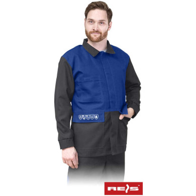 BLUZA ROBOCZA REIS BUCKLER-J DLA SPAWACZA TRUDNOPALNA ANTYELEKTROSTATYCZNA SZARO-NIEBIESKA