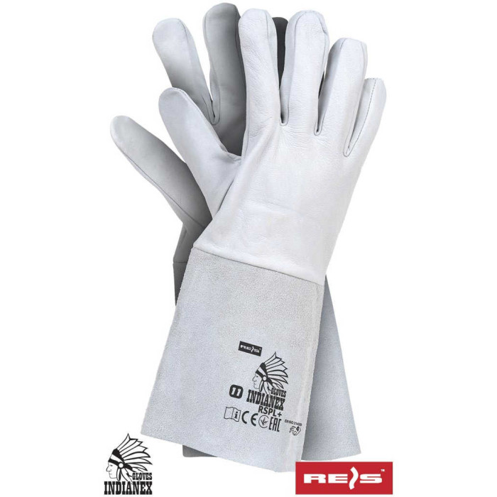 RĘKAWICE ROBOCZE REIS INDIANEX RSPL+ SKÓRA KOZIA I BYDLĘCA 35CM SZARO-BIAŁE