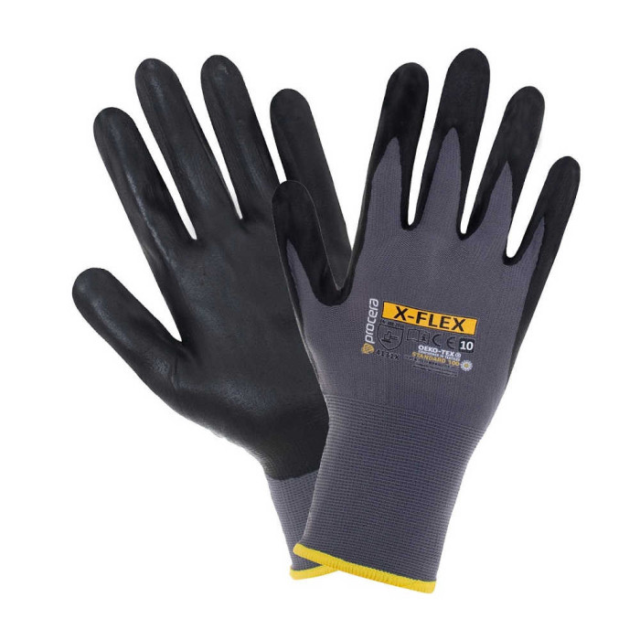 RĘKAWICE ROBOCZE PROCERA X-FLEX, POWLEKANE NITRYLEM, Z NYLONU I POLIESTRU, Z DODATKIEM LYCRY, SZARO-CZARNE