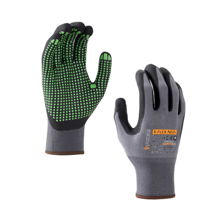 RĘKAWICE ROBOCZE PROCERA X-FLEX NEO+, NAKRAPIANE, POWLEKANE NITRYLEM, DZIANE, SZARO-ZIELONE