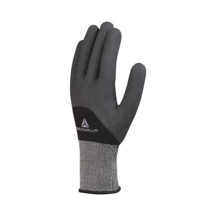 RĘKAWICE ROBOCZE DELTA PLUS VE725NO POWLEKANE NAKRAPIANE NITRYLEM POLIESTER SPANDEX CZARNE OCHRONA I ZRĘCZNOŚĆ