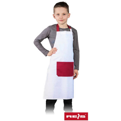 FARTUCH DLA DZIECI REIS FKINDER, DWA ROZMIARY, DZIECIĘCY 180 g/m2 BIAŁO-CIEMNOCZERWONY